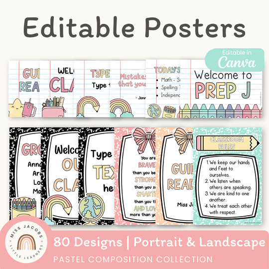 Editable Classroom Posters Template - Pastel Composition Notebook Decor