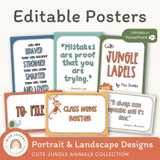 Editable Classroom Posters Templates - Cute Jungle Animals Decor