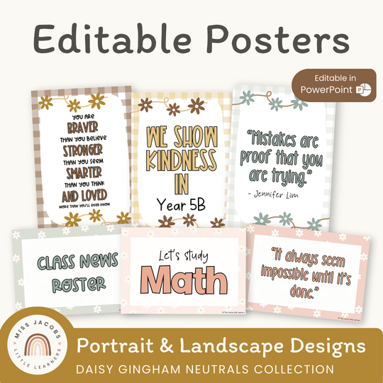 Editable Classroom Posters Templates - Daisy Gingham Neutrals Decor