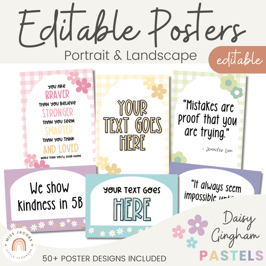 Editable Classroom Posters Templates - Daisy Gingham Pastels Decor