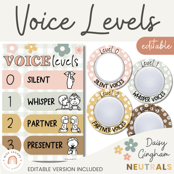 Editable Voice Levels Display | Push Light Noise Levels | Daisy Gingham Neutrals - Miss Jacobs Little Learners