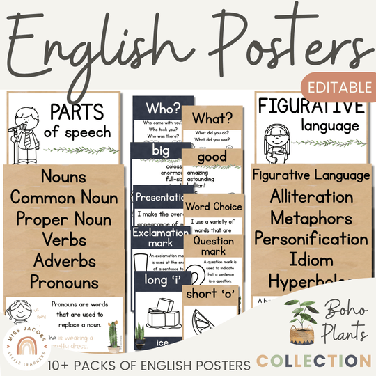 English Posters Reading and Writing Bundle - Boho Plants Theme