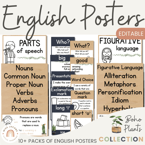 English Posters Bundle | BOHO PLANTS | Rustic Classroom Decor - Miss Jacobs Little Learners