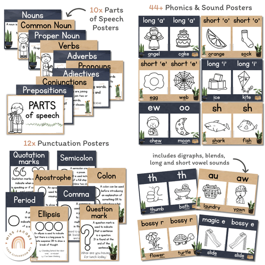 English Posters Reading and Writing Bundle - Boho Plants Theme