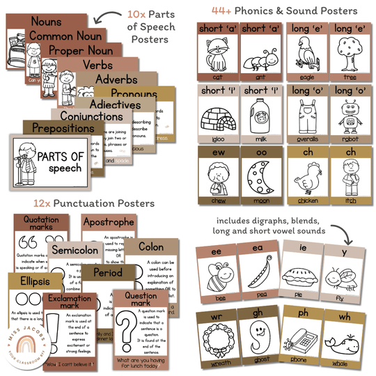 English Posters Reading and Writing Bundle - Desert Neutrals Theme