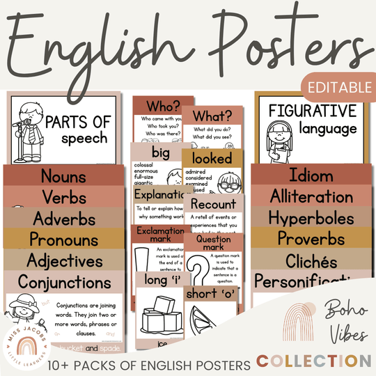 English Posters Reading and Writing Bundle - Desert Neutrals Theme