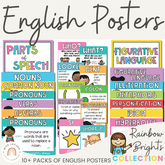 English Posters Reading and Writing Bundle - Rainbow Brights