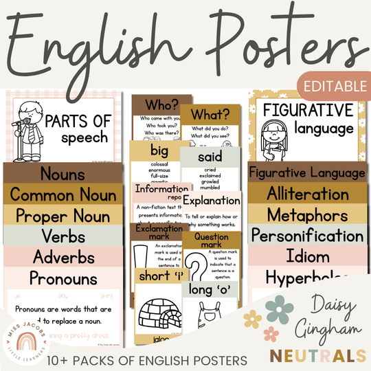English Posters Reading and Writing Bundle - Daisy Gingham Neutrals