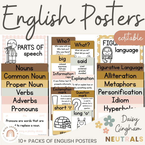 English Posters Bundle | Reading and Writing Strategies | Daisy Gingham Neutral Decor - Miss Jacobs Little Learners