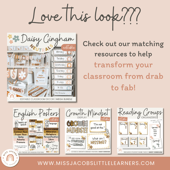 English Posters Bundle | Reading and Writing Strategies | Daisy Gingham Neutral Decor - Miss Jacobs Little Learners