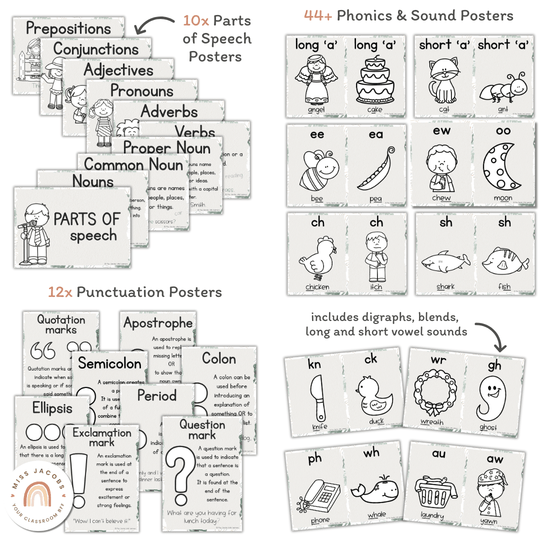 English Posters Reading and Writing Bundle - Modern Jungle Theme