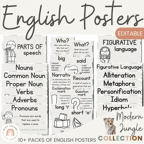 English Posters Bundle | Reading and Writing Strategies | Modern Jungle Calm Classroom Decor - Miss Jacobs Little Learners