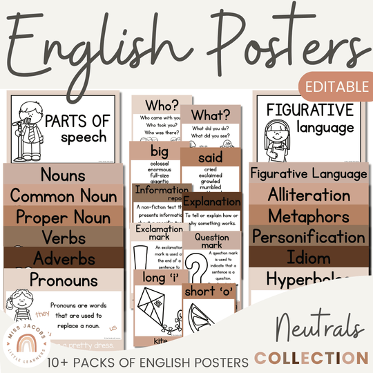 English Posters Reading and Writing Bundle - Neutrals Theme