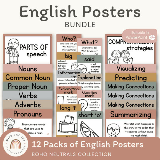 English Posters Reading and Writing Bundle - Boho Neutrals Theme