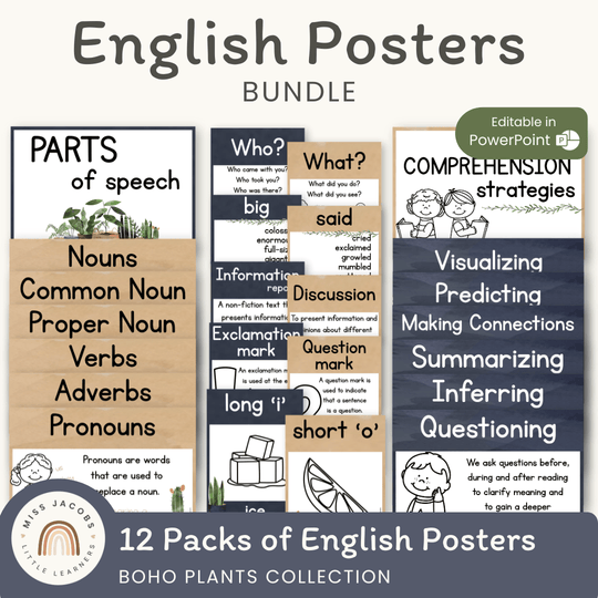 English Posters Reading and Writing Bundle - Boho Plants Theme