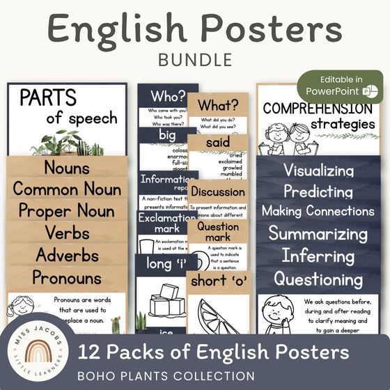 English Posters Reading and Writing Bundle - Boho Plants Theme - Miss Jacobs Little Learners