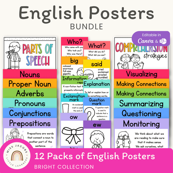 English Posters Reading and Writing Bundle - Bright Theme - Miss Jacobs Little Learners