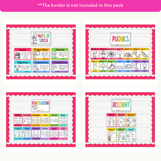 English Posters Reading and Writing Bundle - Bright Theme - Miss Jacobs Little Learners