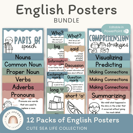 English Posters Reading and Writing Bundle - Cute Sea Life Theme - Miss Jacobs Little Learners
