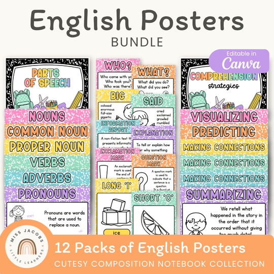 English Posters Reading and Writing Bundle - Cutesy Composition Notebook Theme