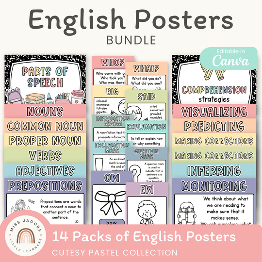 English Posters Reading and Writing Bundle - Cutesy Pastel Classroom Decor