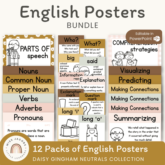 English Posters Reading and Writing Bundle - Daisy Gingham Neutrals - Miss Jacobs Little Learners