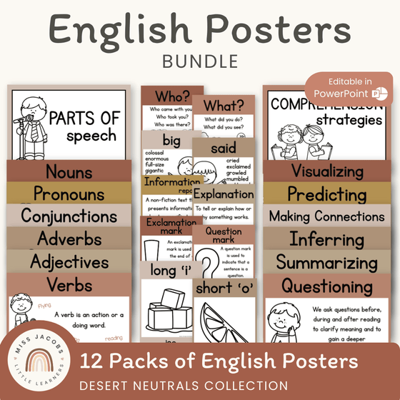 English Posters Reading and Writing Bundle - Desert Neutrals Theme - Miss Jacobs Little Learners