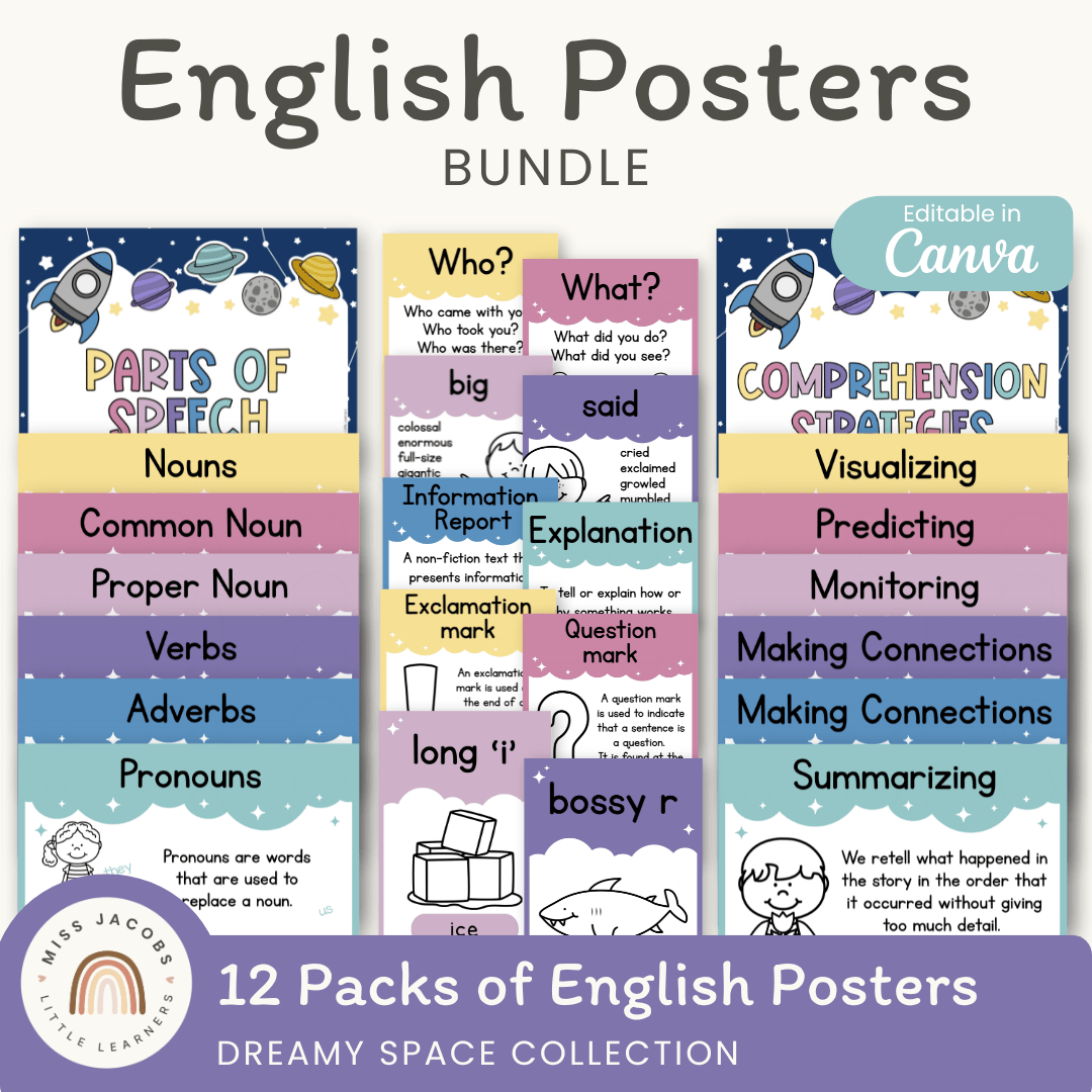  English Posters Reading and Writing Bundle - Dreamy Space Theme - Miss Jacobs Little Learners