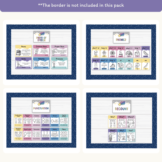 English Posters Reading and Writing Bundle - Dreamy Space Theme - Miss Jacobs Little Learners