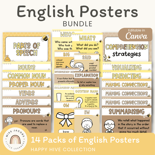 English Posters Reading and Writing Bundle - Happy Hive Classroom Decor
