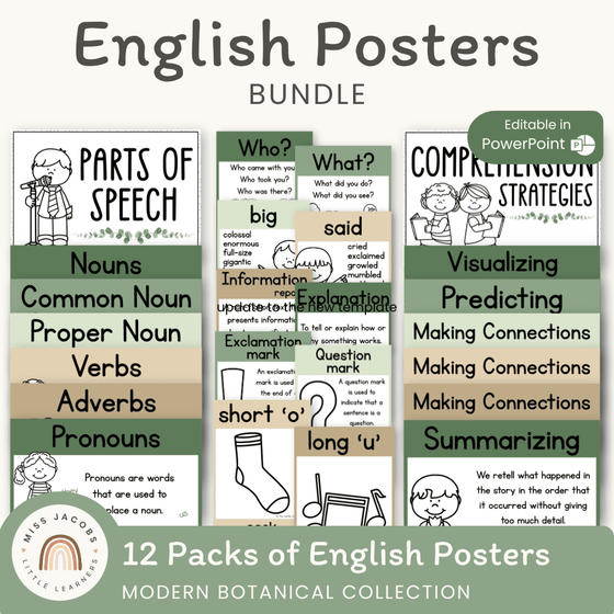 English Posters Reading and Writing Bundle - Modern Botanical Theme - Miss Jacobs Little Learners