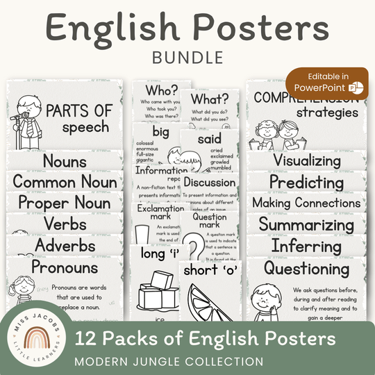 English Posters Reading and Writing Bundle - Modern Jungle Theme