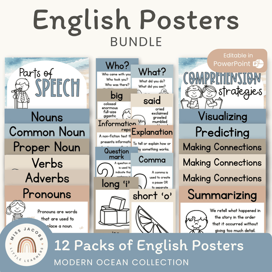 English Posters Reading and Writing Bundle - Modern Ocean Theme