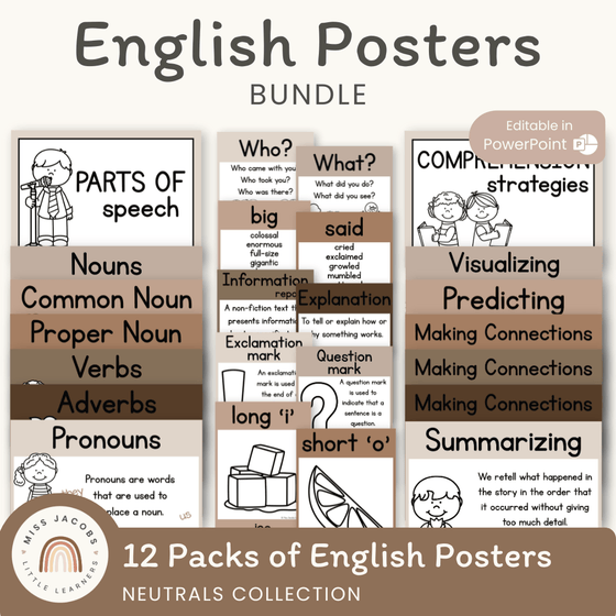 English Posters Reading and Writing Bundle - Neutrals Theme - Miss Jacobs Little Learners