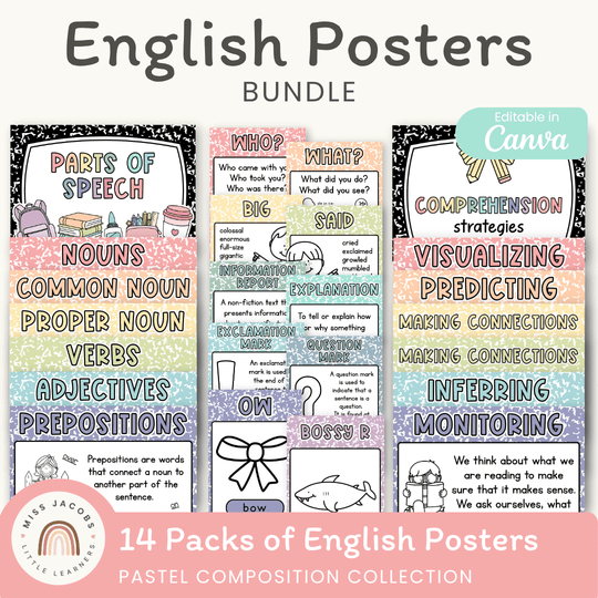 English Posters Reading and Writing Bundle - Pastel Composition Notebook Decor
