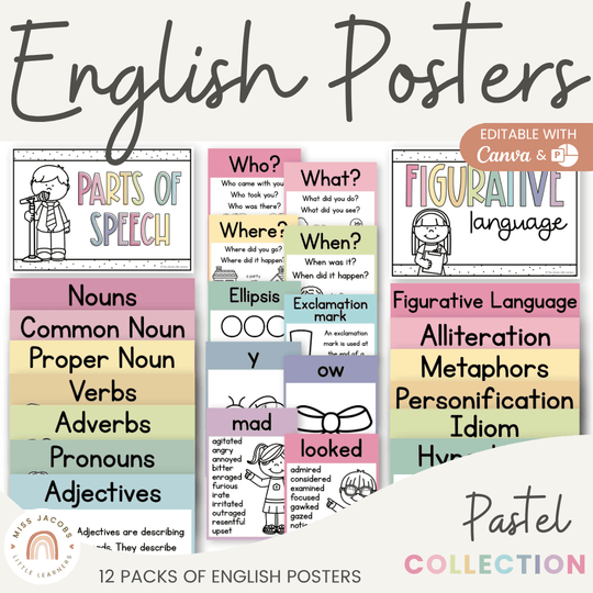 English Posters Reading and Writing Bundle - Pastel Theme