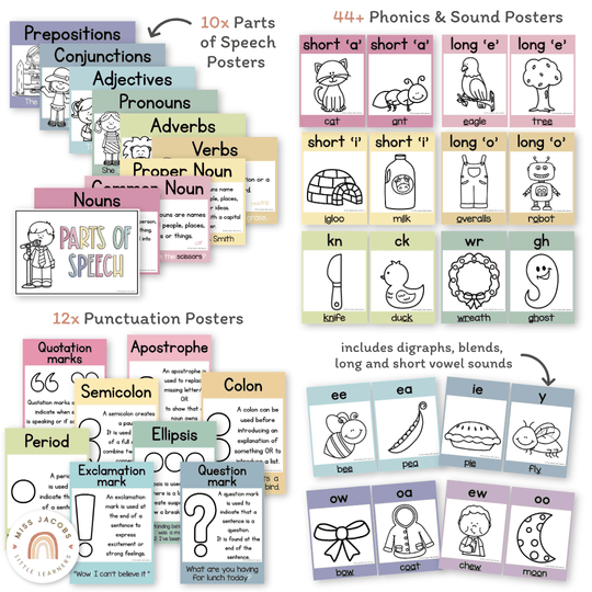 English Posters Reading and Writing Bundle - Pastel Theme