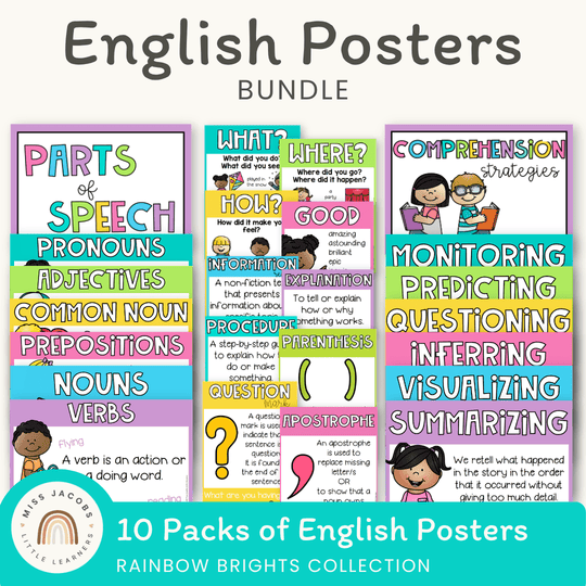 English Posters Reading and Writing Bundle - Rainbow Brights