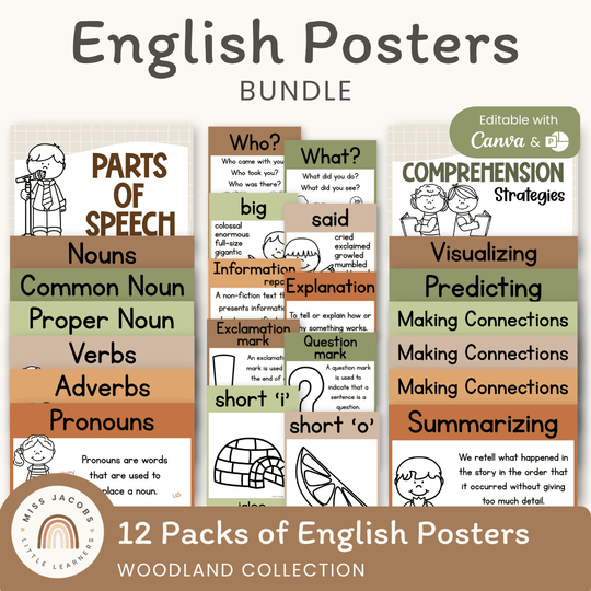 English Posters Reading and Writing Bundle - Woodland Classroom Decor