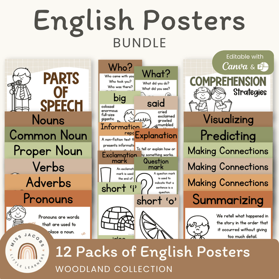 English Posters Reading and Writing Bundle - Woodland Classroom Decor - Miss Jacobs Little Learners