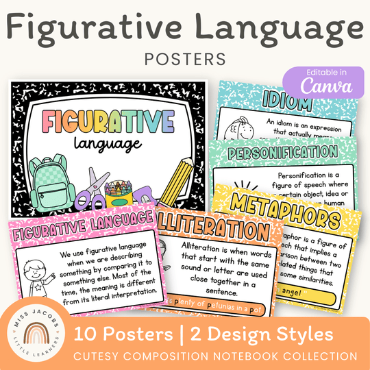 Figurative Language Posters - Cutesy Composition Notebook English Decor