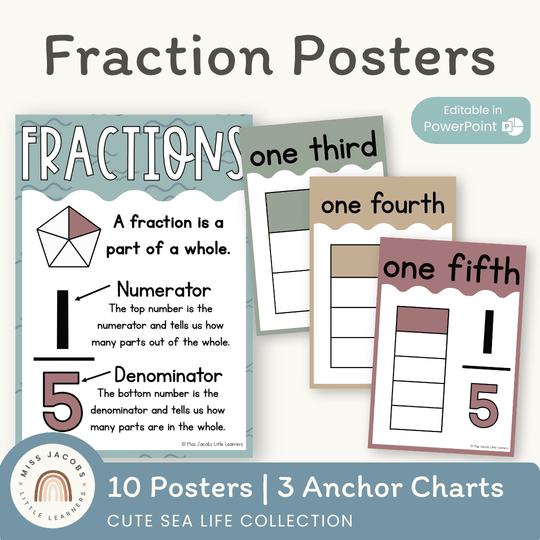 Fraction Anchor Charts - Cute Sea Life Classroom Decor
