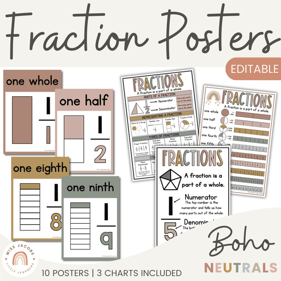 Fraction Posters & Anchor Charts | Boho Rainbow Neutrals Classroom Decor - Miss Jacobs Little Learners