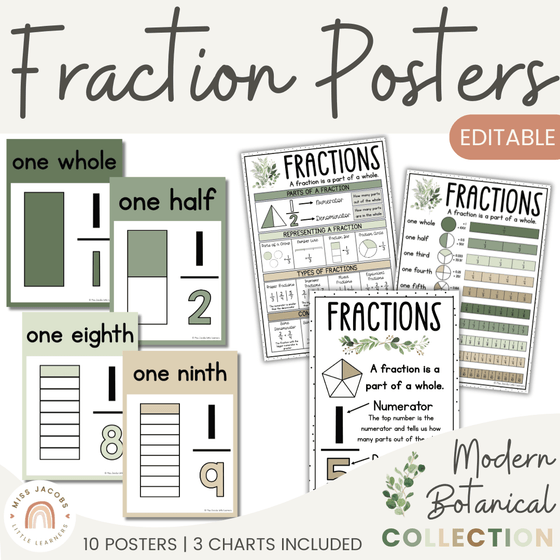 Fraction Posters & Anchor Charts | Botanical Modern Farmhouse Classroom Decor - Miss Jacobs Little Learners