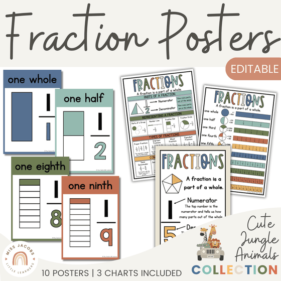 Fraction Posters & Anchor Charts | Cute Jungle Safari Animals Math Decor - Miss Jacobs Little Learners