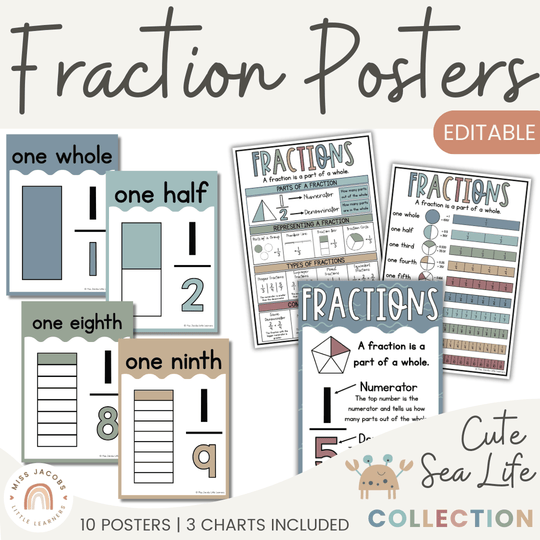 Fraction Anchor Charts - Cute Sea Life Classroom Decor