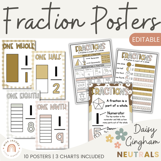 Fraction Posters & Anchor Charts | Daisy Gingham Neutrals Math Classroom Decor - Miss Jacobs Little Learners