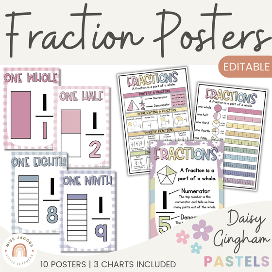 Fraction Posters & Anchor Charts | Daisy Gingham Pastels Math Classroom Decor - Miss Jacobs Little Learners