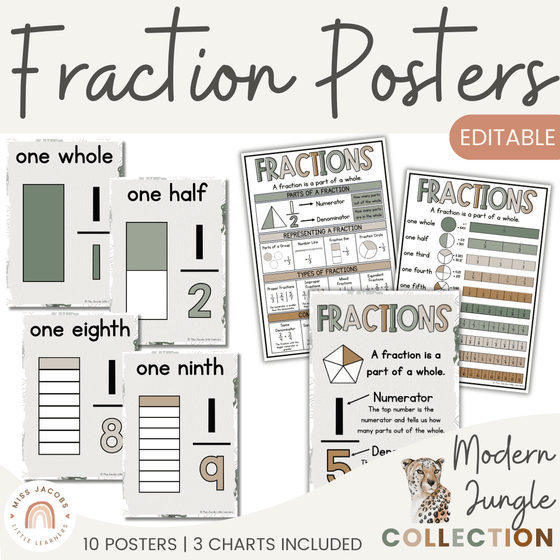 Fraction Posters & Anchor Charts | Modern Jungle Math Classroom Decor - Miss Jacobs Little Learners