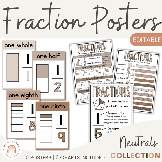 Fraction Posters & Anchor Charts | Ombre Neutrals Math Classroom Decor - Miss Jacobs Little Learners